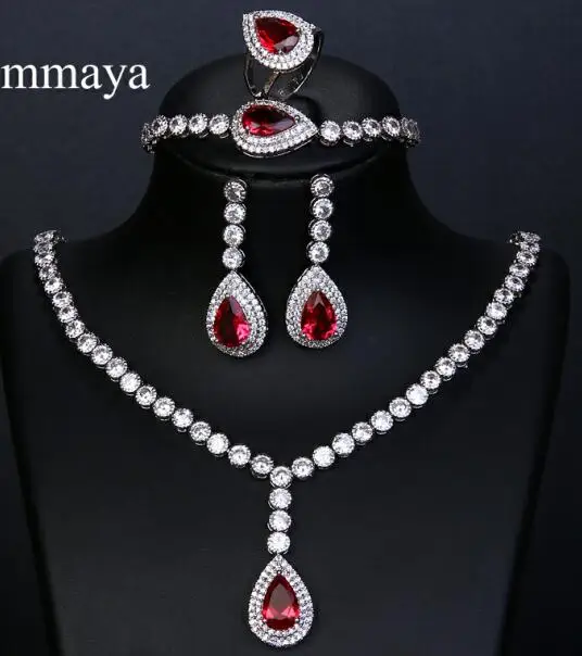 red Роскошь emmaya большой серебряный цвет ослепительный кубический циркониевый Свадебный комплект ювелирных изделий 4 шт. ожерелье браслет кольцо для индийских женщин - Окраска металла: red