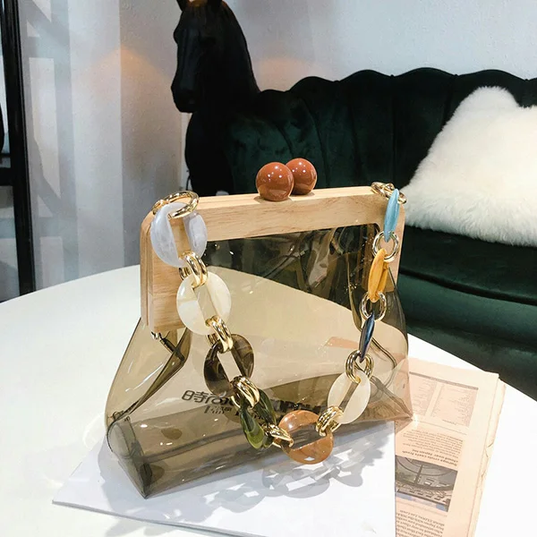gray Wood Clip PVC Clear Jelly Handbag Woman New Designer Korean Acrylic Chain Transparent Jelly Shoulder Bag Clutch Female - Цвет: gray