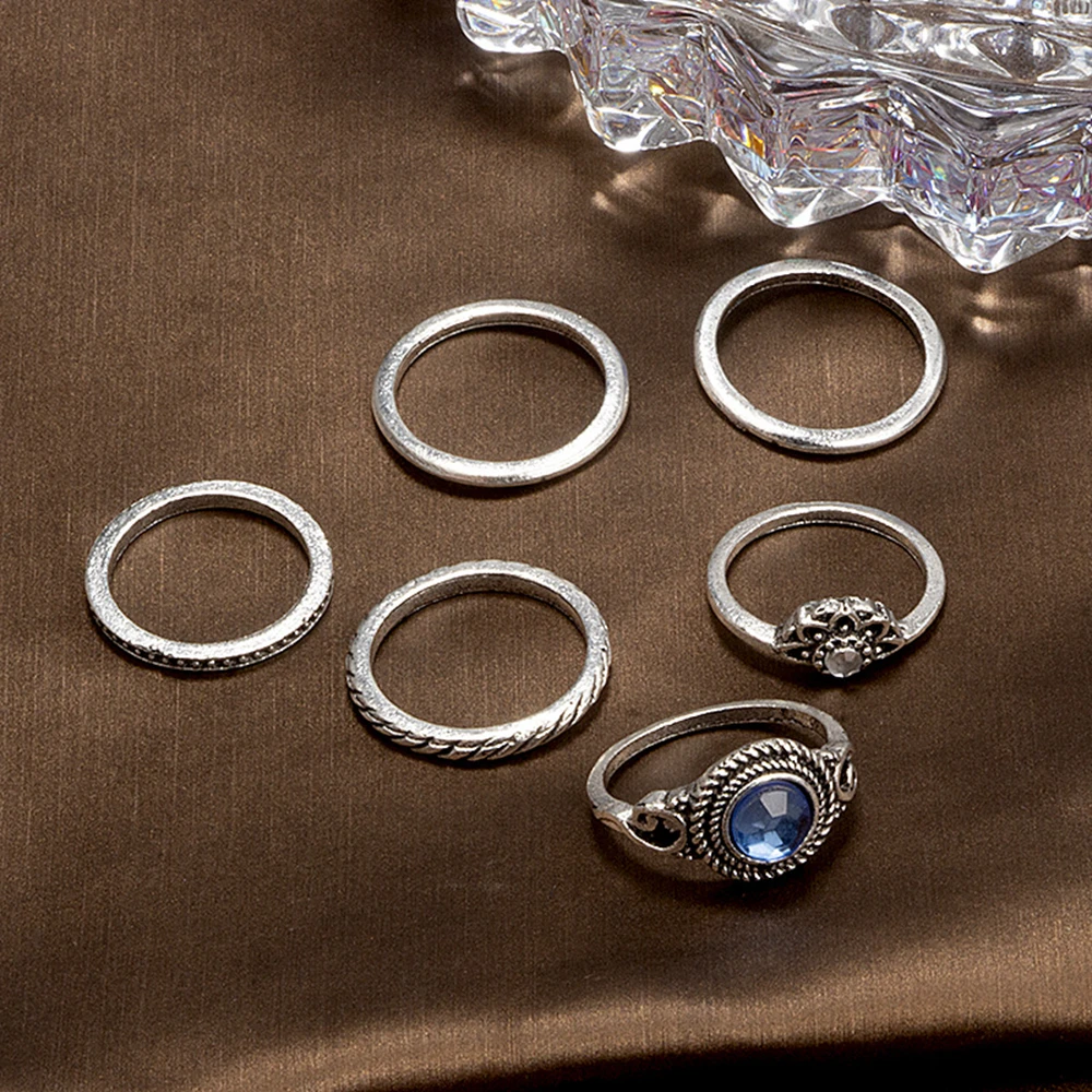 Free Fan 6Pcs/Set Bohemian Lotus Flower Women Ring Set Cheap Rhinestone Gem Joint Antique For Bague Femme | Украшения и