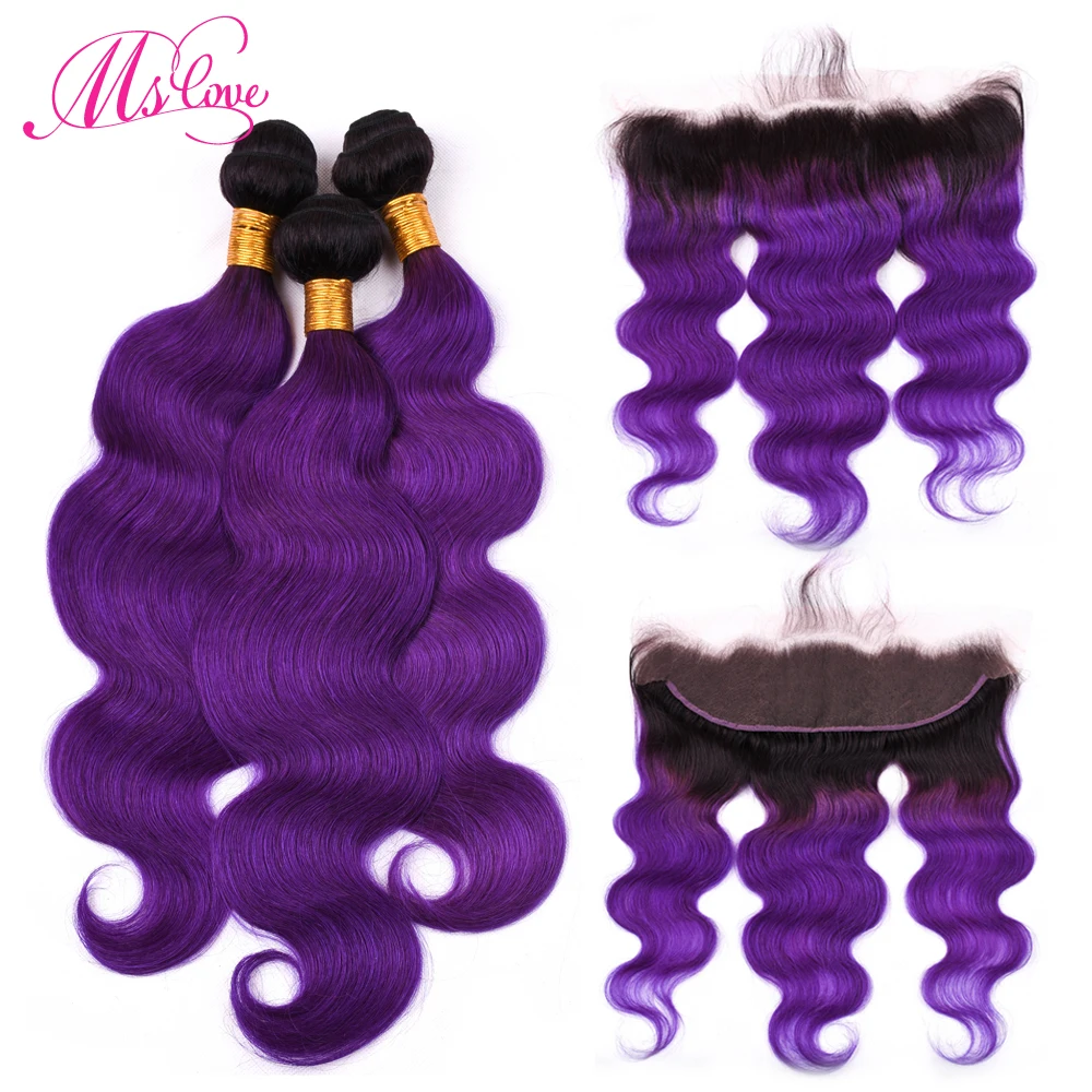 Фото MS Love Tb/фиолетовые волнистые пучки волос "омбре" с фронтальным кружевом
