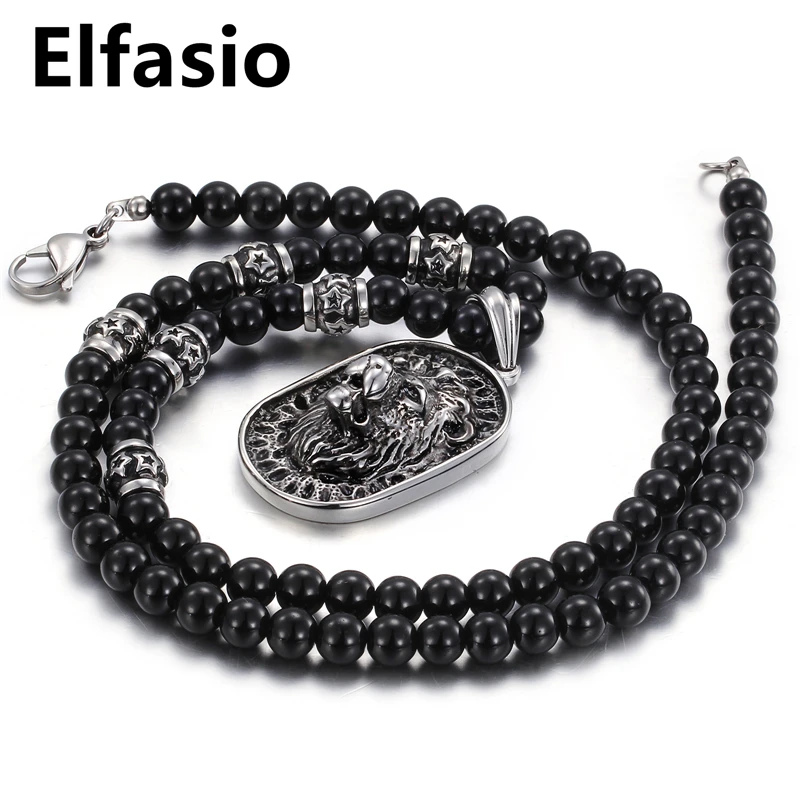 8 мм черный оникс бусины Мужские Серебряный лев Щит Кулон ожерелье из нержавеющей