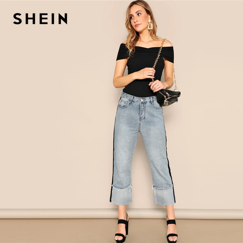 SHEIN Трикотажный Топ На Запах С Открытым Плечом Женский Черный Летний Элегантный Топ С Короткими Рукавами