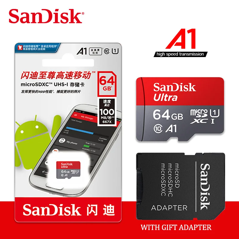 64GB with adapter Карта памяти SanDisk A1, 200 ГБ, 128 ГБ, 64 ГБ, 98 МБ/с./с, 32 ГБ, Micro sd карта, класс 10, UHS-1, флеш-карта, память Microsd, TF/sd карта s для планшета - Емкость: 64GB with adapter