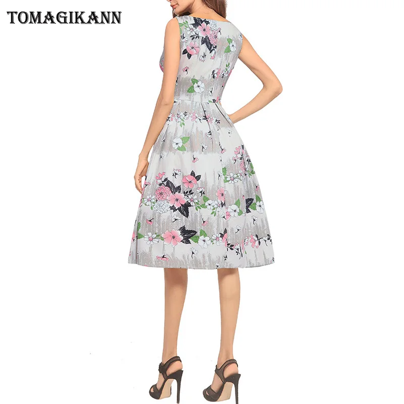 Plus Size Large Swing Women Party Dress 2018 Summer Elegant O Neck Floral Print Sleeveless Lady Dresses | Женская одежда