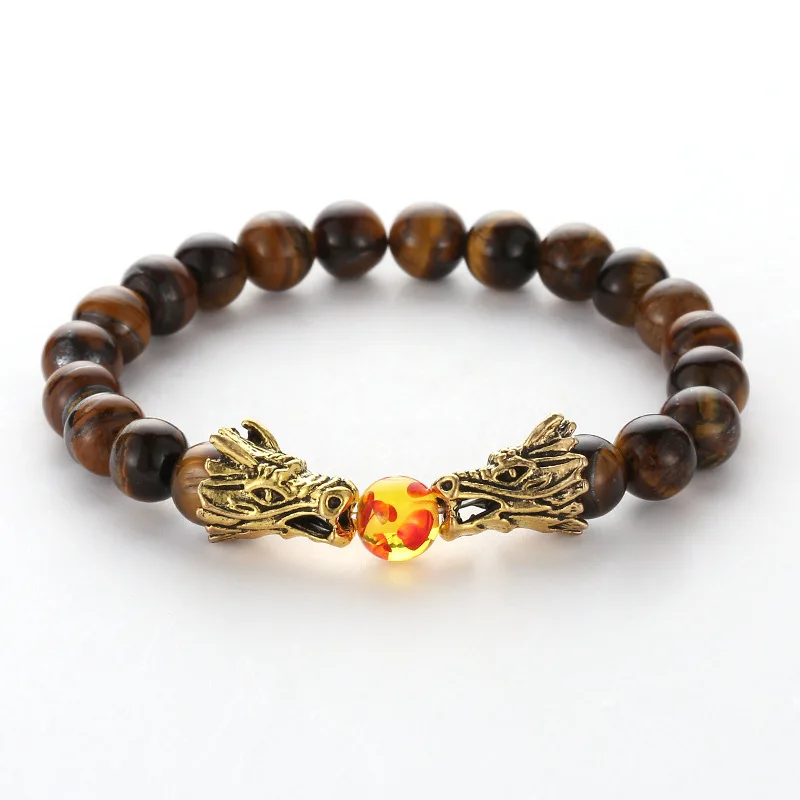 Tiger eye SEDmart натуральный камень два Дракон играющий с Бусиной браслет для женщин мужчин золото двойной кран бисером тигровый глаз энергии PartyGift сувенир - Окраска металла: Tiger eye