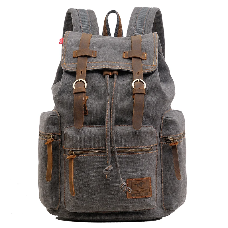 Серый Унисекс Холщовый Рюкзак mochila, винтажный рюкзак с кожаной отделкой, повседневный рюкзак для мужчин и женщин, рюкзак для путешествий для ноутбука, мужской женский рюкзак - Цвет: Серый
