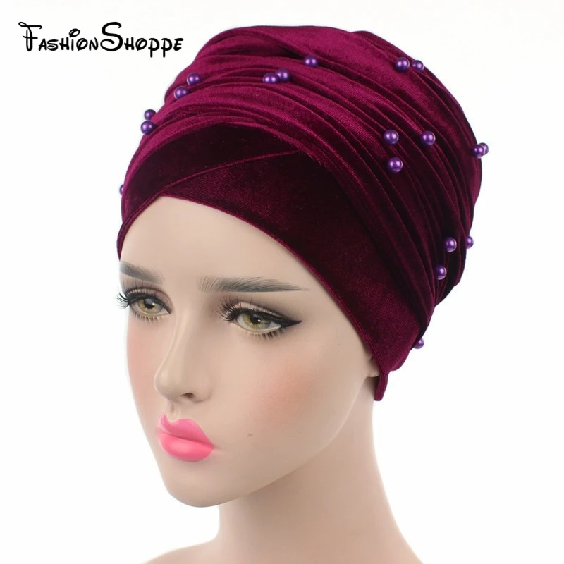 Новинка 2017 женский роскошный бархатный тюрбан с бисером и перламутровым узором