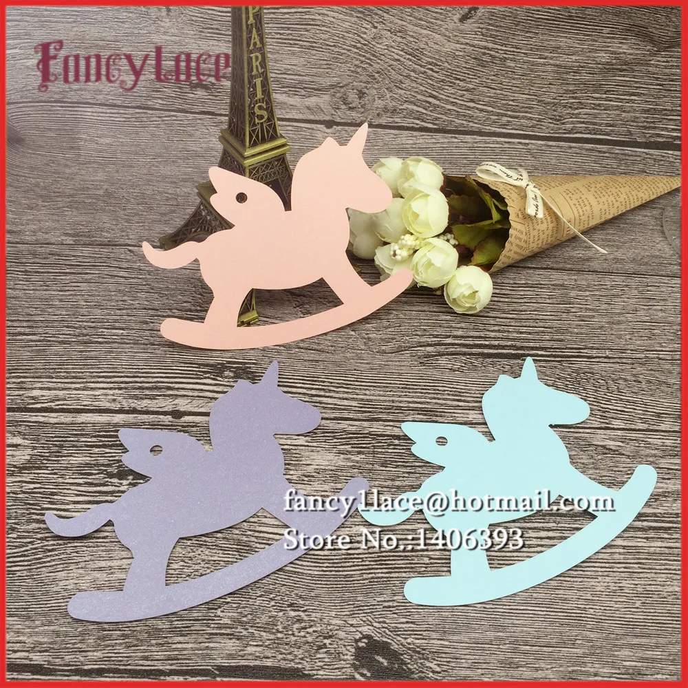 

60PCS Laser Cut Pearl Paper Card Hang Tag Gift Card Baby Shower Party Decoration Unicorn wooden horse diy Book Mark for kids