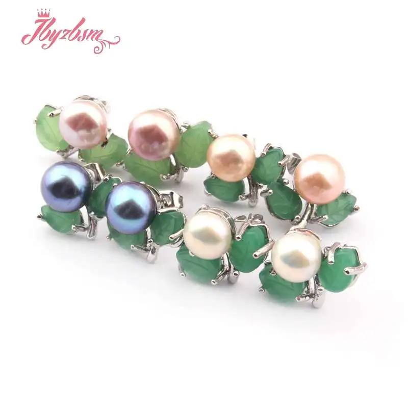 

6mm Natural Round Freshwater Pearl Tibetan Silver Green Leaf Stu d Earrings 1 Pair Fashion Jewelry Women Mother's Day Gift