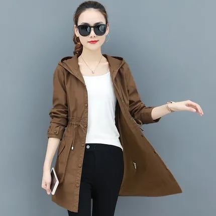 Spring Autumn Trench Coat Women Full Sleeve Thin Overcoat Medium Long Windbreaker Female New Temperament Hooded Clothing - Цвет: Brown