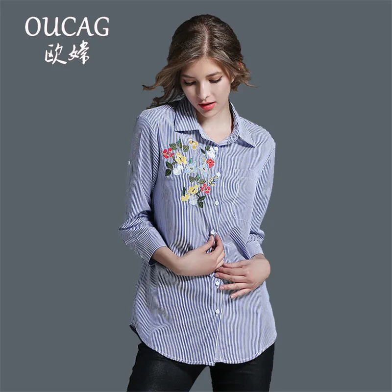 OUCAG Fashion Striped Floral Embroidery Blouse Women Long Sleeve Turn-down Collar Casual Shirts Tops |