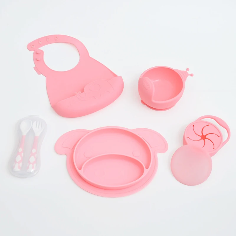pink 6 шт./компл. Детские Силиконовые столовые приборы для кормления, набор для младенцев, антипереливающийся тренировочный обеденный поднос, миска для детей, посуда для еды - Цвет: pink