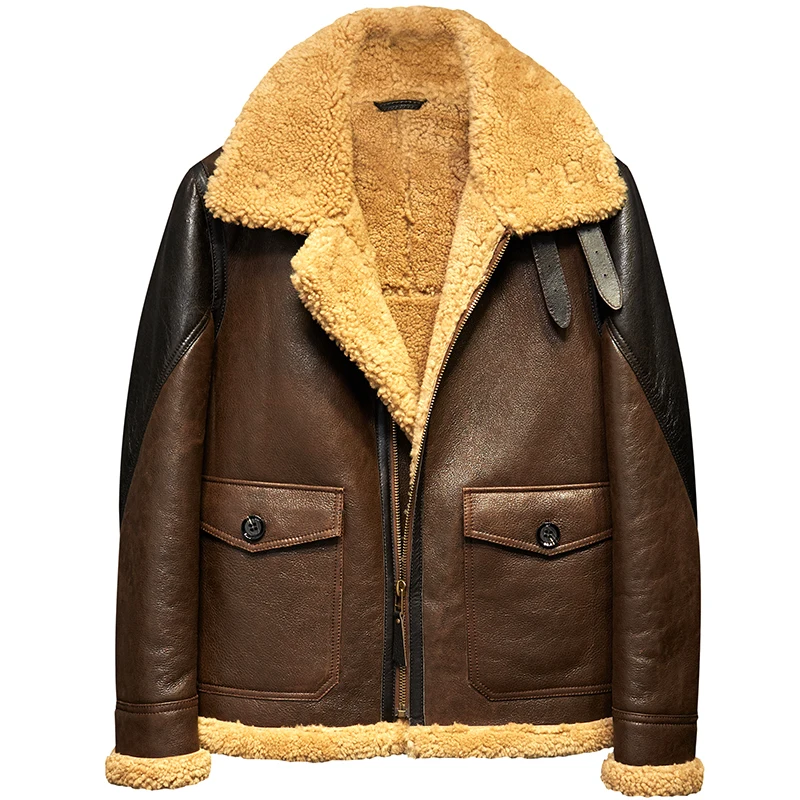 Светло-коричневая мужская кожаная куртка из овчины B3 оригинальная летная шуба