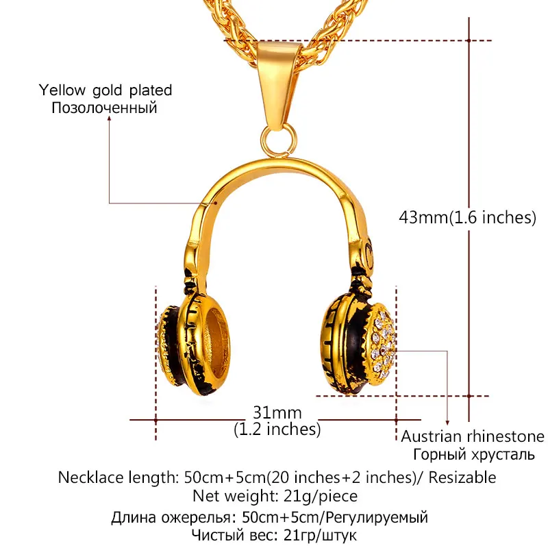 U7 Стразы Наушники Кулон Ожерелье Для Мужчин /Женщин Музыкальные Ювелирные