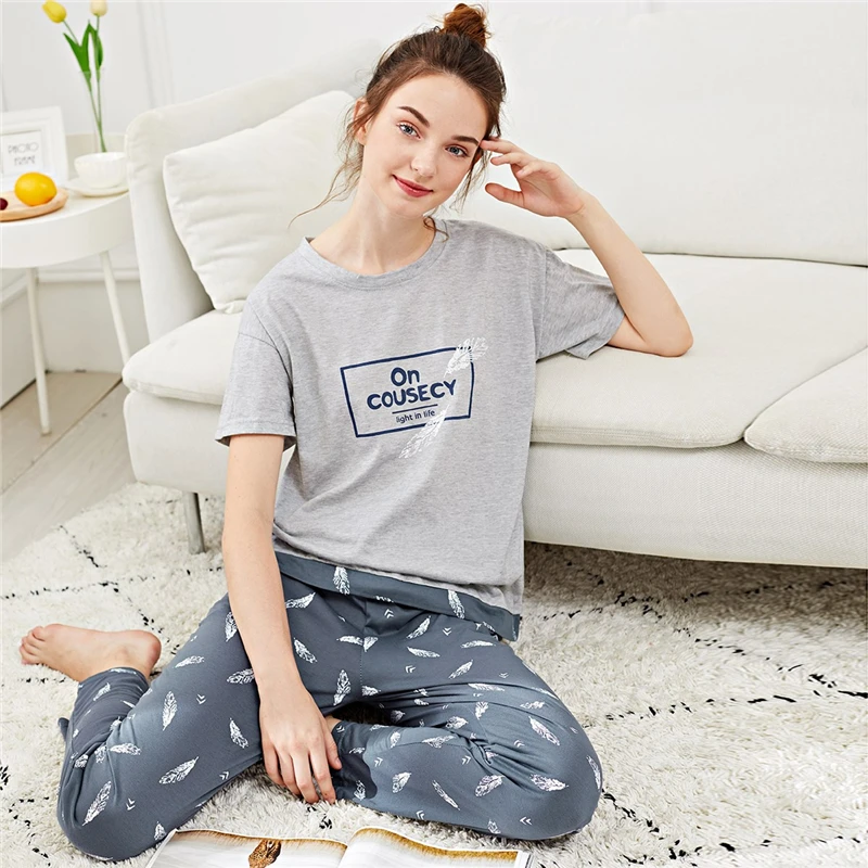 Dotfashion пижамный комплект с принтом в виде перьев и букв, летний Женский Повседневный пижамный комплект с круглым вырезом и коротким рукавом, Женская разноцветная Пижама