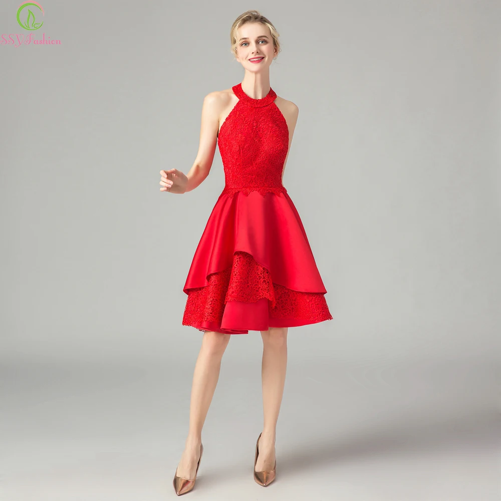 SSYFashion/новое коктейльное платье Красное Кружевное атласное мини с лямкой на шее и