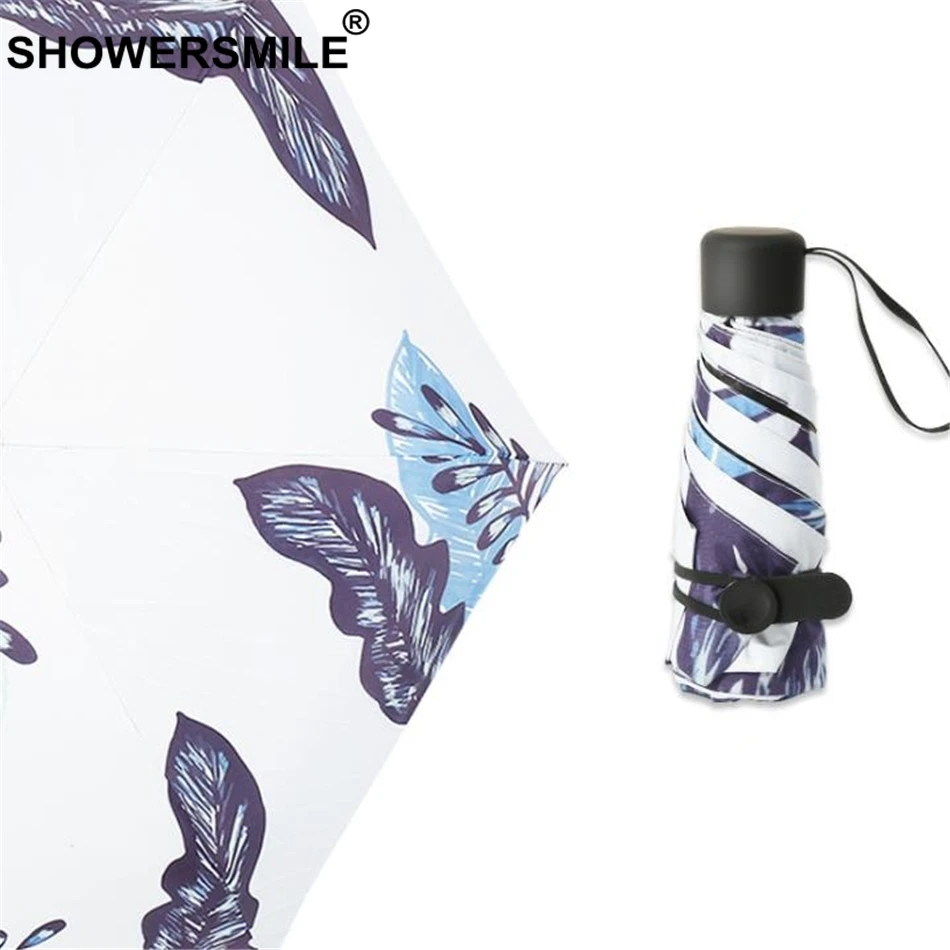 SHOWERSMILE легкий мини зонт с карманом женский принтом листьев Дамский Зонт 5 раз 190T