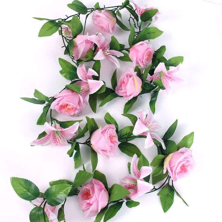 

2pcs 6.8feet Artificial Lily & Rose Flower Ivy Garland Silk Vine Greenery For Wedding Home Decorative