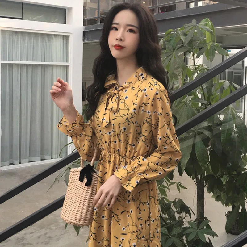 

2019 Women Full Sleeve Slim High Print Sundress Waist Vintage Flower Casual Dresses Dress