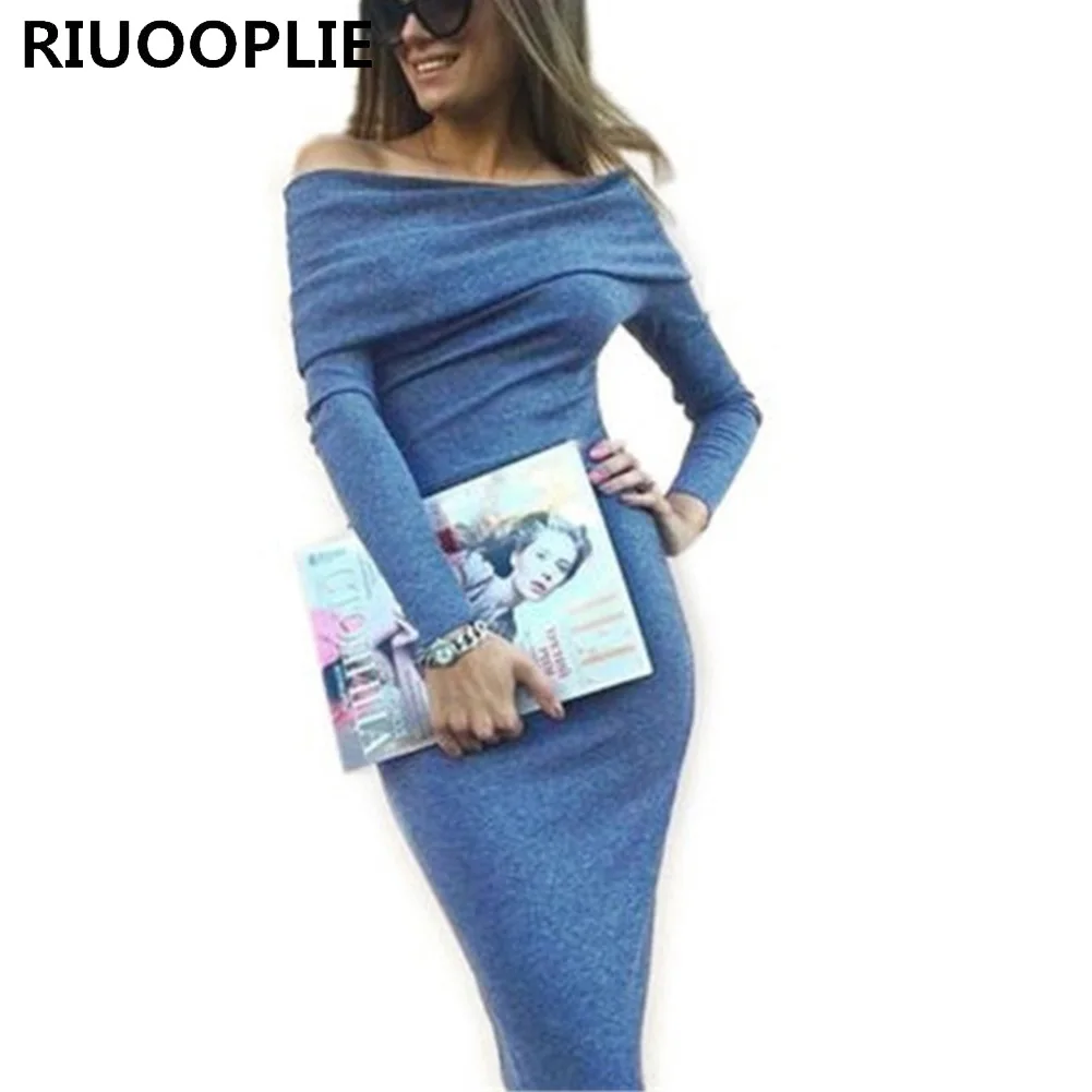 RIUOOPLIE Для женщин с открытыми плечами трикотажные Slash шеи длинным рукавом Bodycon