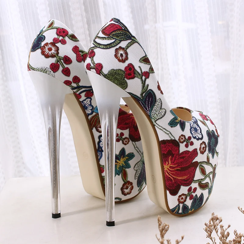 LLXF zapatos/Большие размеры: 34-42, 43, Летние Босоножки с открытым носком и цветочным принтом пикантные туфли на тонком высоком каблуке 20 см для ночного клуба женские туфли-лодочки на шпильке