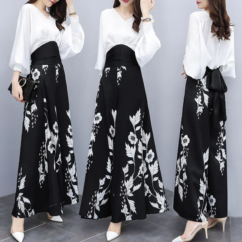 Шифоновый Женский комплект 2 шт. с цветочным принтом и рукавами фонариками костюм