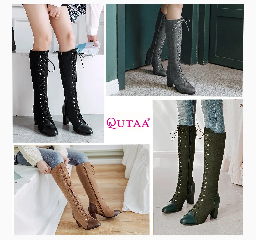 QUTAA/ г. Модные женские сапоги до колена на шнуровке Универсальные женские мотоциклетные сапоги с круглым носком из искусственной кожи на квадратном каблуке размеры 34-43