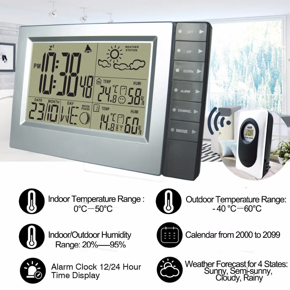 Weather Station Indoor Outdoor Electronic Clock Temperature Humidity Alarm Thermometer Hygrometer +2 Wireless Tramsmitters | Инструменты
