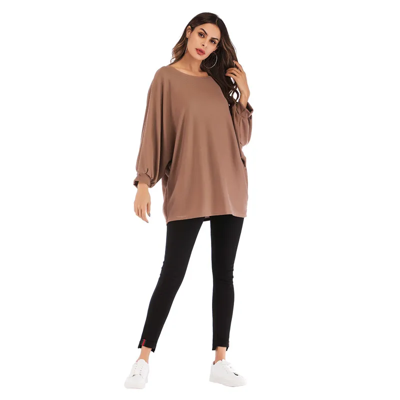 

2019 spring large size Solid color women's t-shirt new fashion comfortable loose bateing sleeve round neck women pullover top