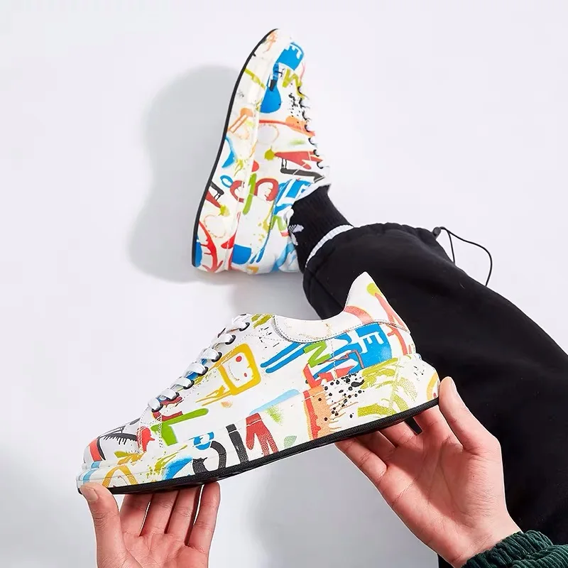 Delivr Casual Mens Shoes Genuine Leather Sneakers 2019 Graffiti Painted Outdoor Low Top Designer Men Luxury Brand | Обувь