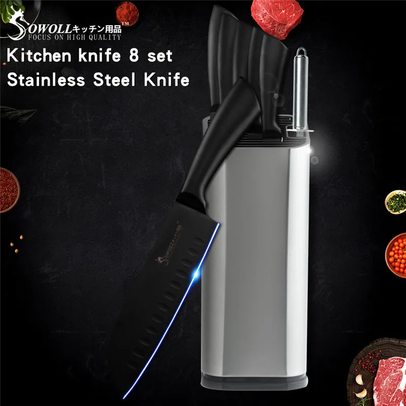 8pcs stand sharpener SOWOLL, Новое поступление, набор ножей из нержавеющей стали, черное острое лезвие, экономия труда, кухонный нож 3Cr13, стальной японский нож шеф-повара - Цвет: 8pcs stand sharpener
