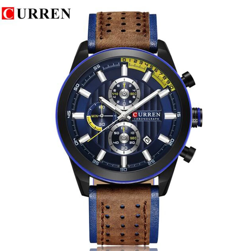 Brown Blue Black Curren 8292 часы мужские Топ бренд кожаный хронограф мужские часы кварцевые мужские наручные часы водонепроницаемые часы Reloj Hombre - Цвет: Brown Blue Black