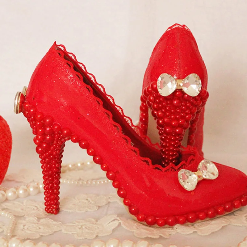 

2018 Spring Summer High Heels Bridal Dress Shoes Red Lace Wedding Shoes Platform Elegant Formal Dress Shoes Bridesmaid Shoes