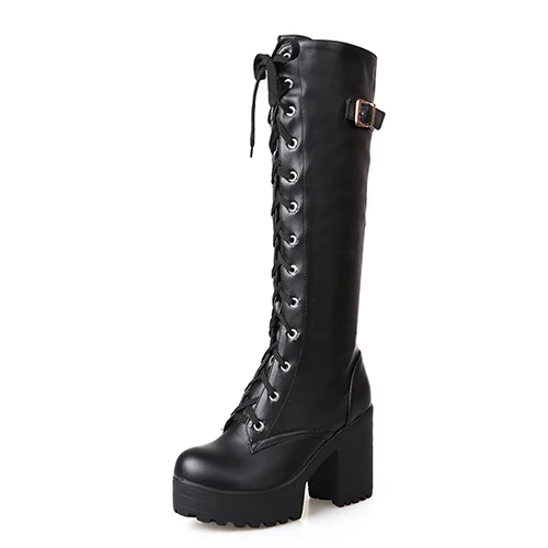 black shoes Gdgydh/Лидер продаж; весенне-осенние сапоги до колена со шнуровкой; модная женская кожаная обувь белого цвета на квадратном каблуке; зимняя обувь из искусственной кожи; большой размер 43 - Цвет: black shoes