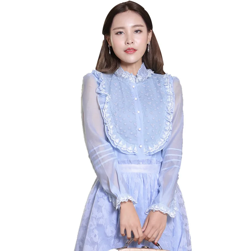 Shirts Polyester Women 2018 WoMen Blouses &amp Shirt Vintage Full Solid Stand Light Blue FGZ76 | Женская одежда