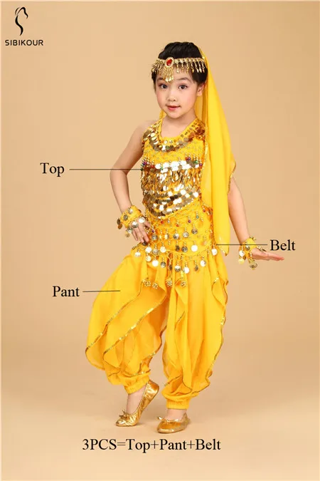 Yellow 3pcs Kids Belly Dance Costume Bollywood Oriental Bellydance Dress Set Indian Egyptian Egypt Suit Pants Top Dancing Clothes Girls New - Цвет: Yellow 3pcs