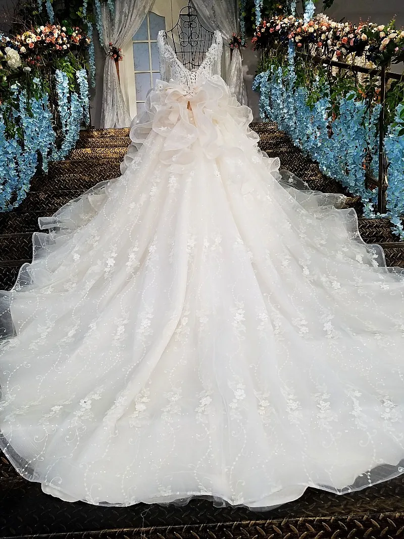 Free Shipping Formal Wedding Dresses 2019 Voile Lace Up A-Line O-Neck Appliques Boat Neck Beading | Свадьбы и торжества