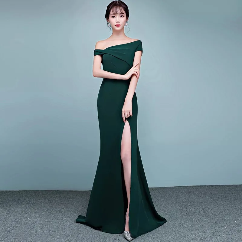 

D007 Emerald green polyester short sleeve off the shoulder high split floor length ladies dresses