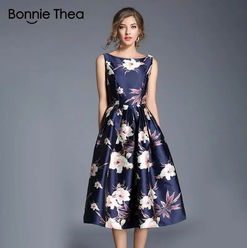 Bonnie Thea, женское жаккардовое летнее платье с принтом, элегантное бальное платье, длинное платье без рукавов, женское платье для офиса, работы, вечеринок - Цвет: Тёмно-синий