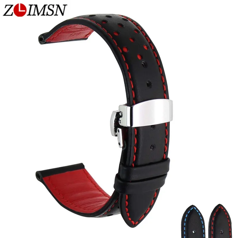 ZLIMSN Soft Genuine Leather Watch Band Strap Replacement Black Blue 20 22mm Men Watchbands 316L Stainless Steel Butterfly Buckle
