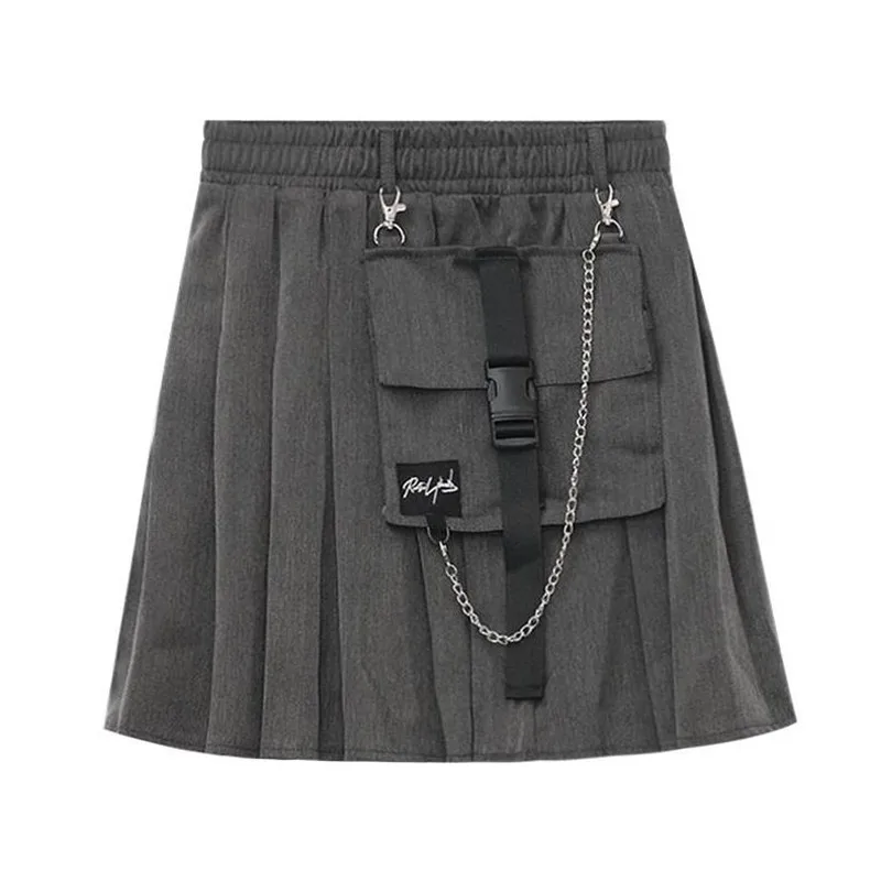 New Womens Skirts Autumn Fashion Short Skirt Female Pleated School Skirt Loose Pocket High Waist Metal Chain Summer Bottoms