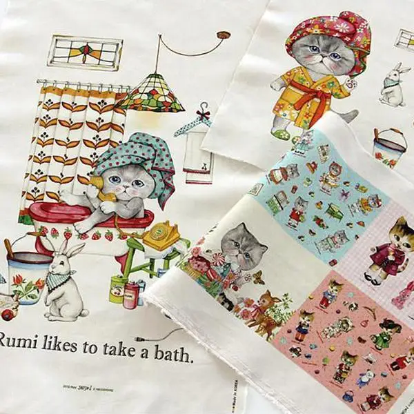 Хлопчатобумажная ткань с изображением милого кота льняная/хлопчатобумажная 140