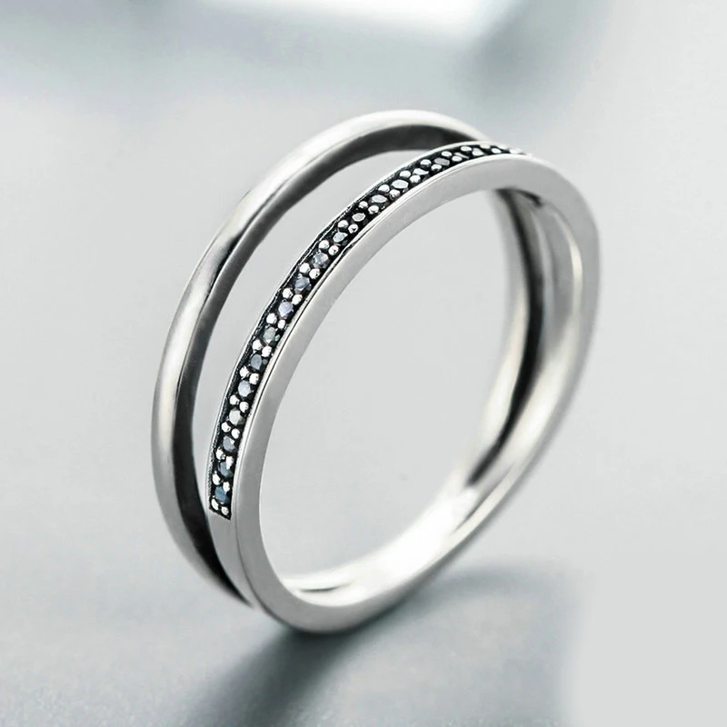 Серебряный цвет двойной круг черный прозрачный CZ штабелируемое кольцо на палец