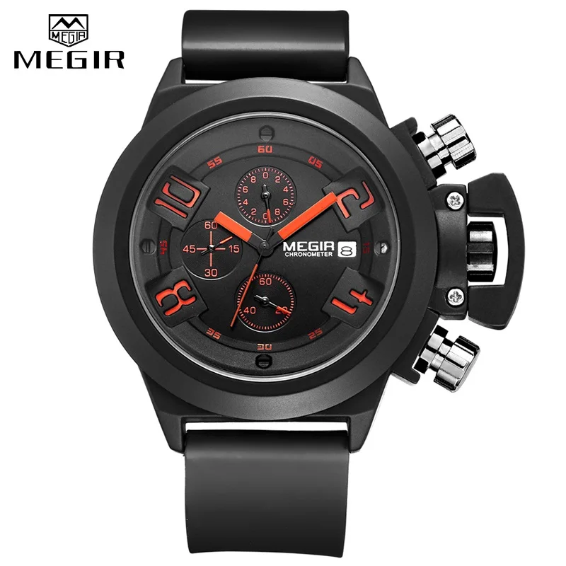 Black Мужские спортивные кварцевые часы MEGIR с 3D гравировкой и циферблатом, черные силиконовые водонепроницаемые военные часы с хронографом, Reloj Hombre - Цвет: Black