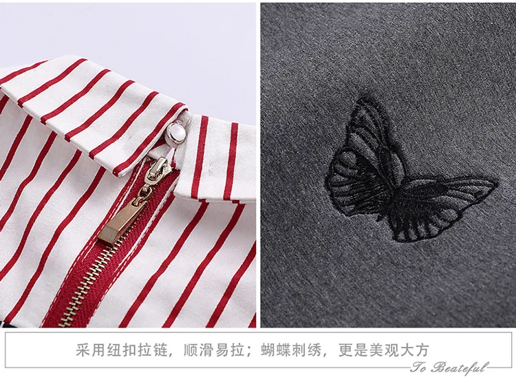 

2019 spring new fashion women's two-piece suit skirt + striped shirt butterfly embroidery in the waist A word skirt wj1814