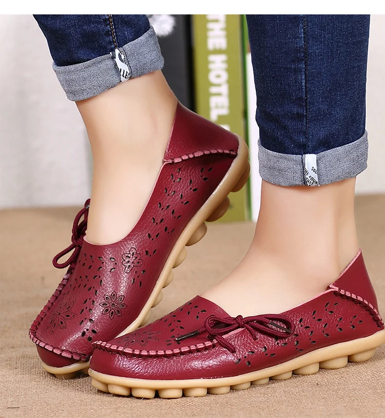 Big size 34-44 spring women flats shoes women genuine leather flats ladies shoes female cutout slip on ballet flat loafers