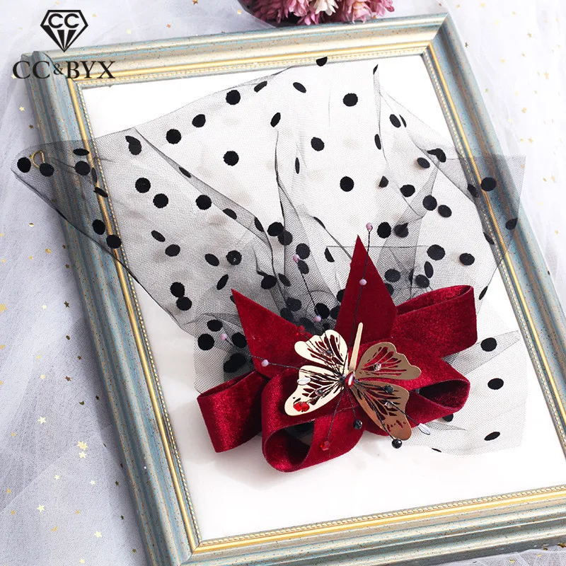 

CC Engagement Jewelry Bridal Veil Red Lace Butterfly Shape Wedding Hair Accessories For Women Bridal Hairwear Romantic Diy XY359