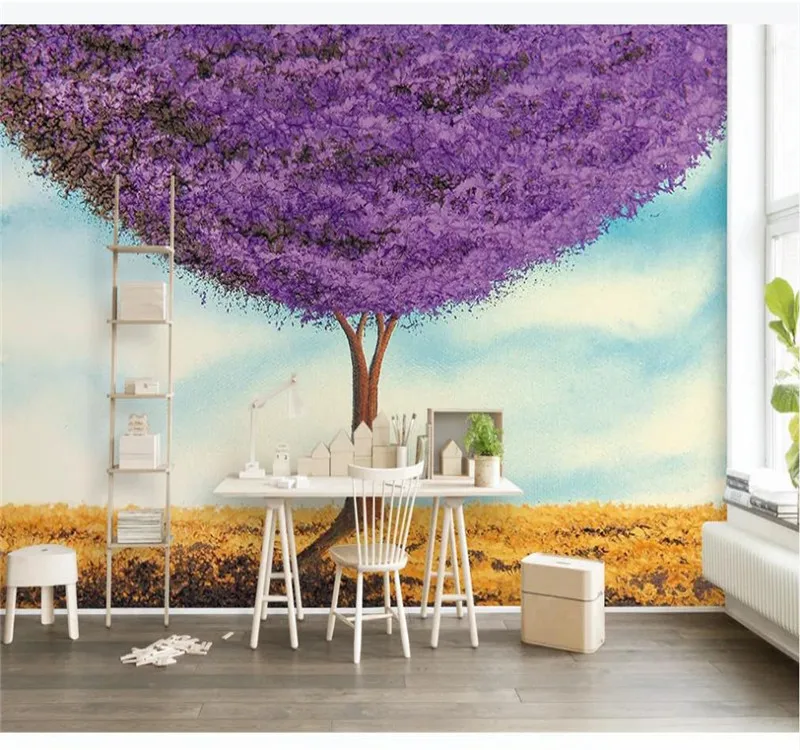 

Custom 3d wallpaper a purple leaf tree fashion hand drawn illustration TV background wall high quality waterproof material
