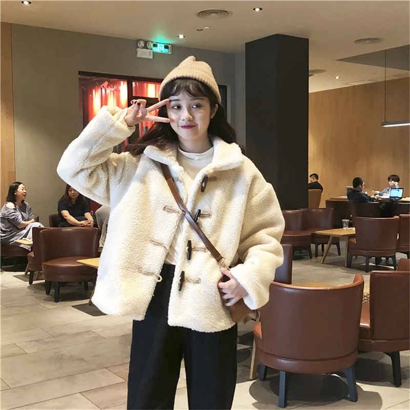 Women Winter New Lamb Cashmere Jacket Outerwear Large Size Standing Collar Loose Horn buckle Thickening Warm Coat Overcoat | Женская