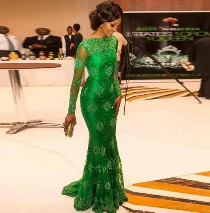 Зеленый Vestido de gala кружевной вырез лодочкой с длинными рукавами изумрудно-зеленый сексуальный русалка Выпускные платья со шлейфом торжественный jurken custom robe de soire - Цвет: Зеленый